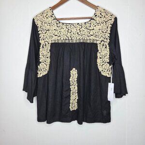 J Marie Womens Linen Blend Floral Embroidered Blouse Size S Boho Cottage Core